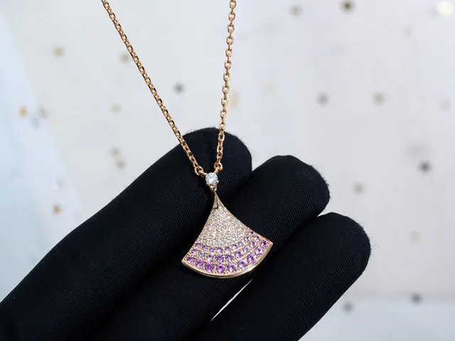 Gold Pink Fan-Shaped Pendant Pavé-Set Gemstones Necklace 7