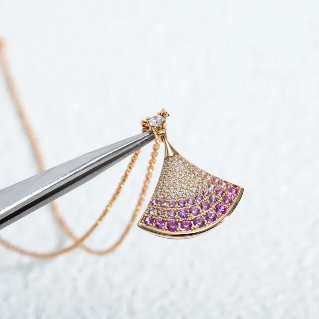 Gold Pink Fan-Shaped Pendant Pavé-Set Gemstones Necklace 8