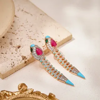 Gold Pink Snake-Inspired Silhouette Pavé-Set Clear Stones Earrings