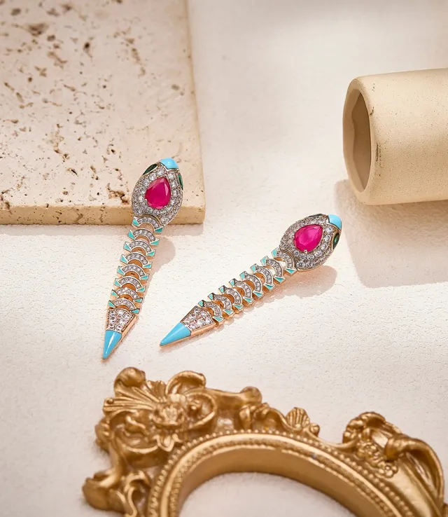 Gold Pink Snake-Inspired Silhouette Pavé-Set Clear Stones Earrings 2