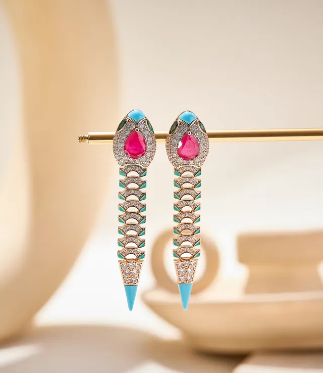 Gold Pink Snake-Inspired Silhouette Pavé-Set Clear Stones Earrings 4