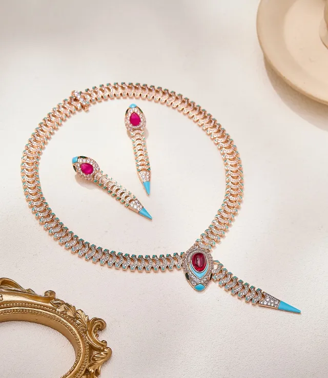 Gold Pink Snake-Inspired Silhouette Pavé-Set Clear Stones Earrings 5