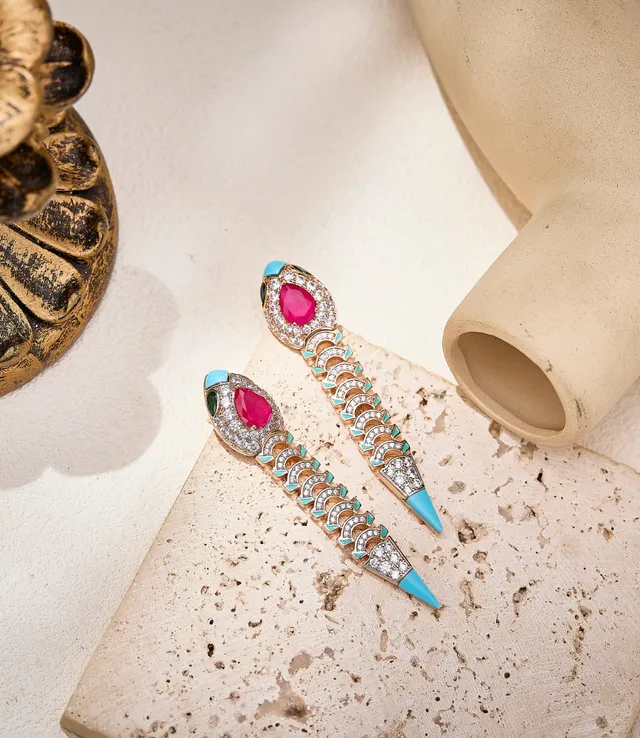 Gold Pink Snake-Inspired Silhouette Pavé-Set Clear Stones Earrings 6