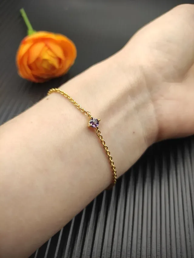 Gold Purple Rope Chain Single Faceted Gemstone Bracelet 8