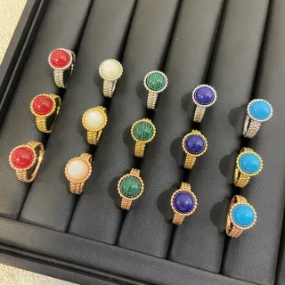Gold Silver Cabochon-Set Textured Band Ring