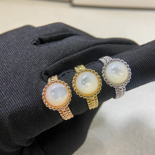 Gold Silver Cabochon-Set Textured Band Ring 4