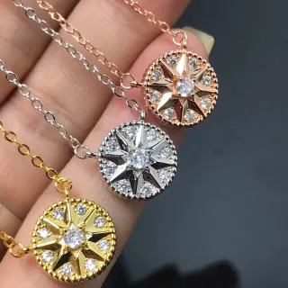 Or Argent Motif Boussole-Étoile Pavé Cristal Halo Collier
