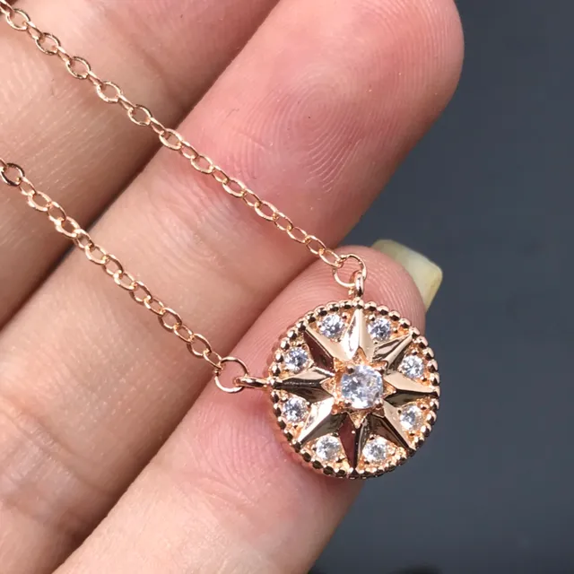 Gold Silver Compass-Star Motif Pave Crystal Halo Necklace 2