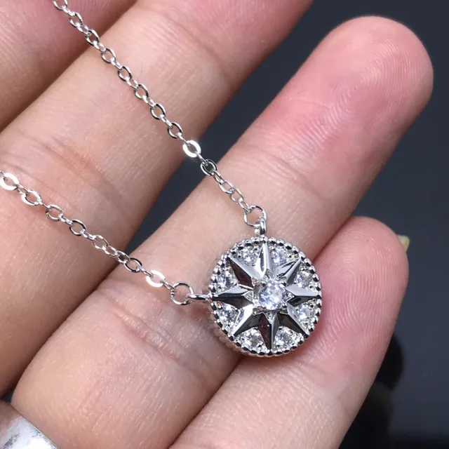 Gold Silver Compass-Star Motif Pave Crystal Halo Necklace 3
