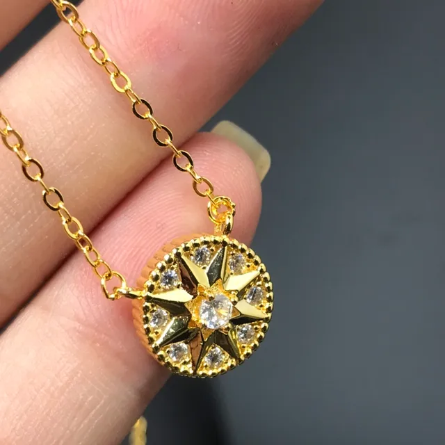Gold Silver Compass-Star Motif Pave Crystal Halo Necklace 4