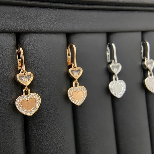 Gold Silver Double-Heart Dangle Pavé Crystal Border Earrings 2