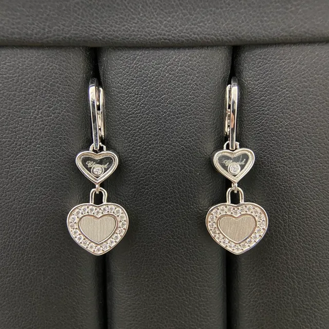 Gold Silver Double-Heart Dangle Pavé Crystal Border Earrings 6