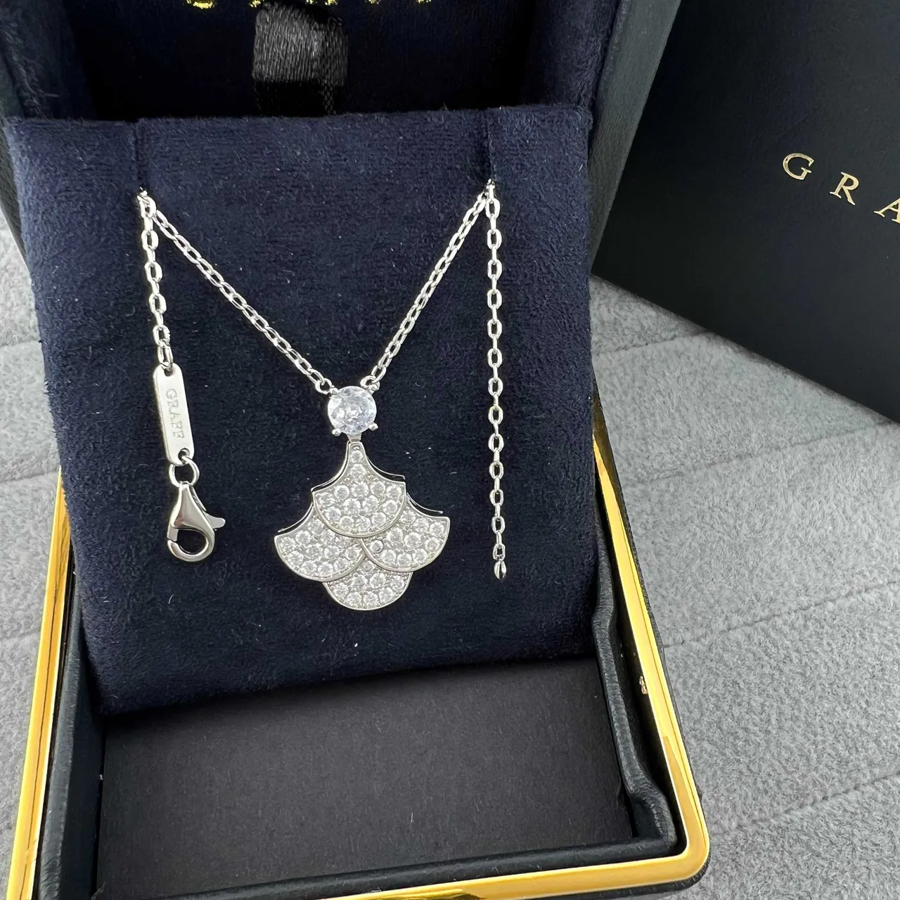 Gold Silver Fan-Shaped Pavé Pendant Multi-Tiered Motif Necklace 3