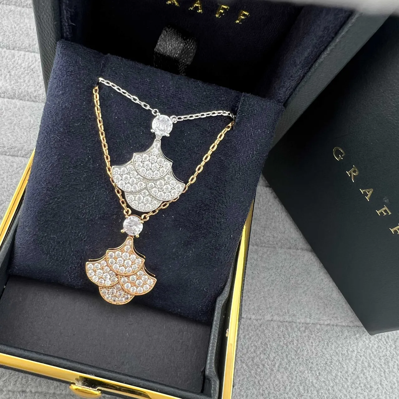Gold Silver Fan-Shaped Pavé Pendant Multi-Tiered Motif Necklace 5