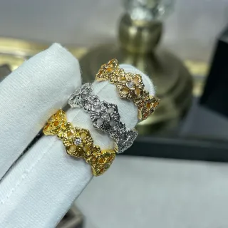 Gold Silver Floral Motif Enamel-Accented Ring