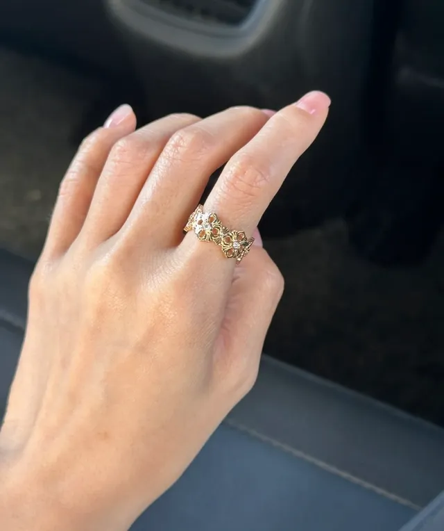 Gold Silver Floral Motif Enamel-Accented Ring 9