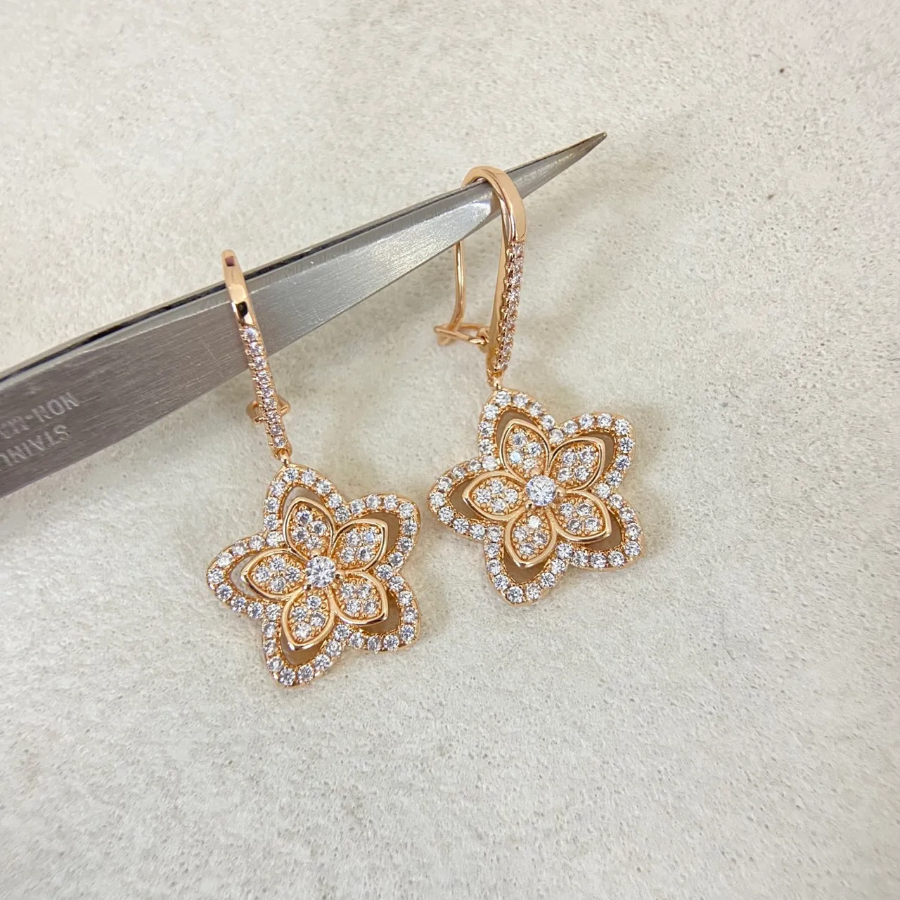 Gold Silver Flower-Shaped Pavé-Set Earrings 4