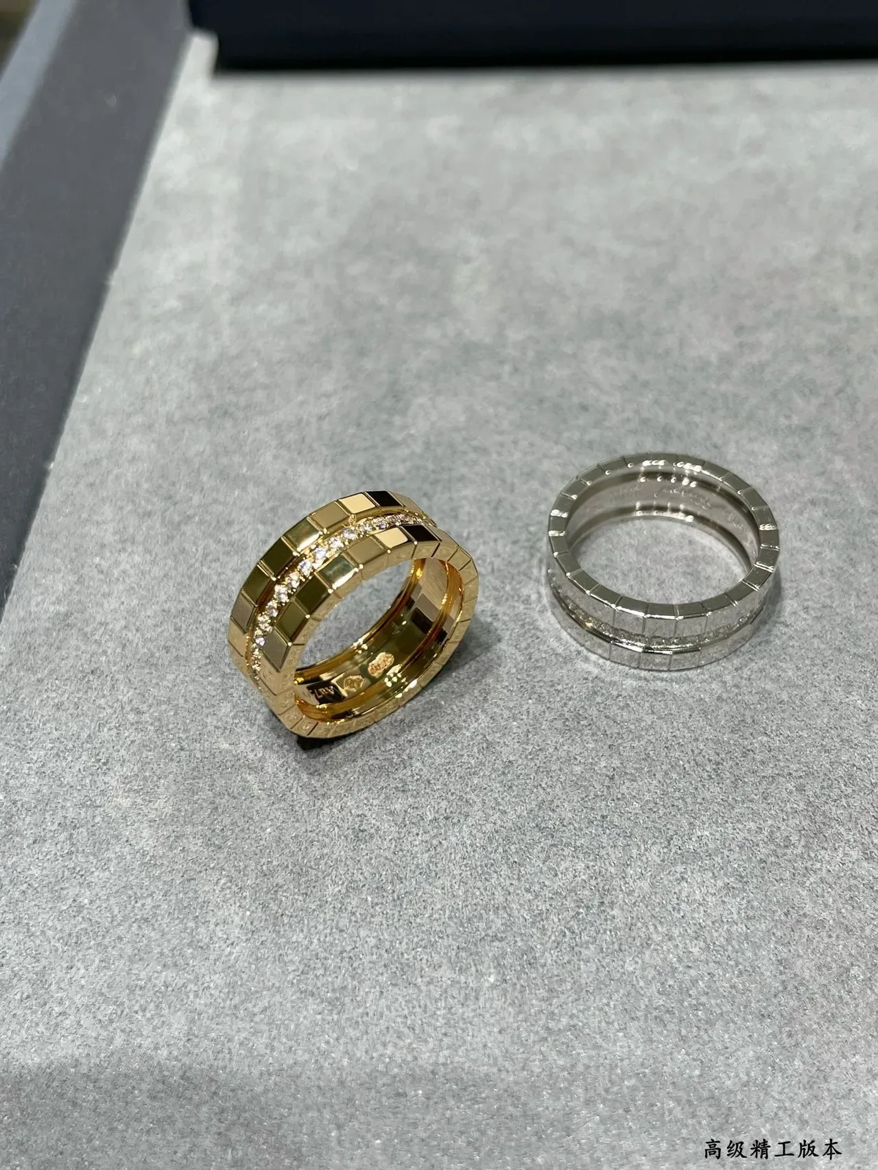 Gold Silver Geometric Tile Motif Pavé-Set Stones Ring 4