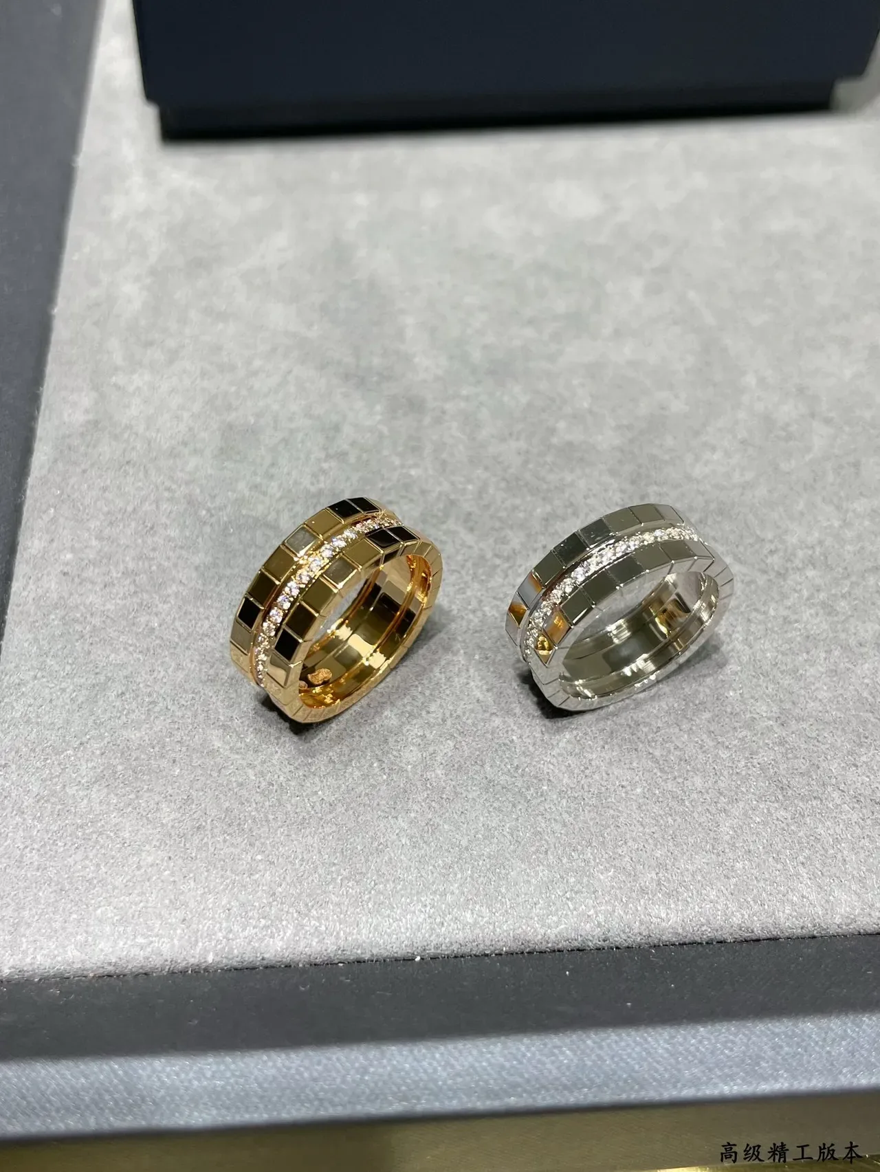 Gold Silver Geometric Tile Motif Pavé-Set Stones Ring 5
