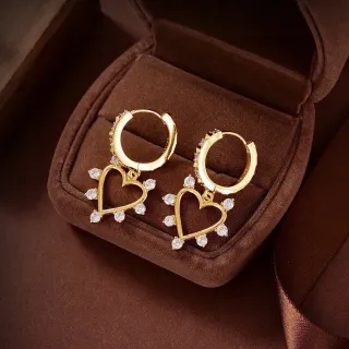 Gold Silver Hinged Hoops Open-Heart Dangle Charms Earrings
