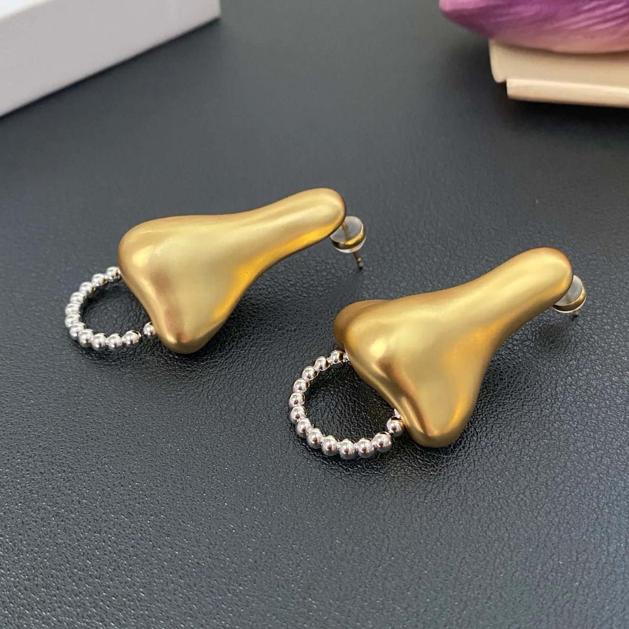 Gold Silver Sculptural Nose-Shaped Matte Finish Earrings 4