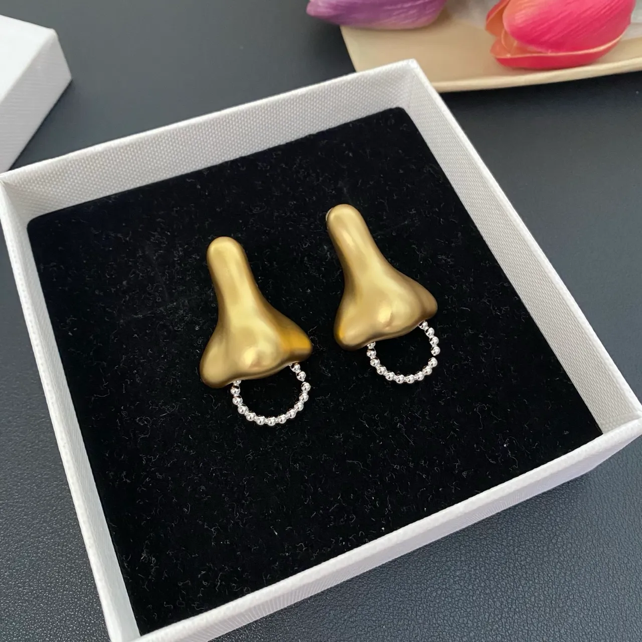 Gold Silver Sculptural Nose-Shaped Matte Finish Earrings 8