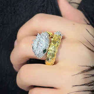 Gold Silver Sculptural Snake Motif Pavé-Set Clear Crystals Ring