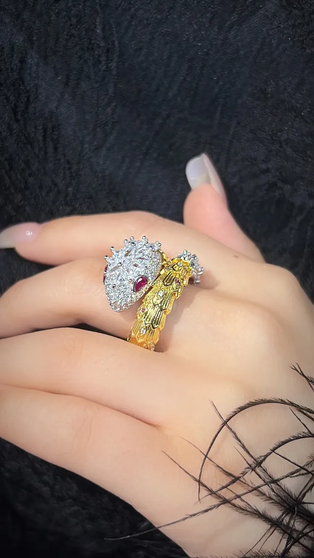 Gold Silver Sculptural Snake Motif Pavé-Set Clear Crystals Ring 2