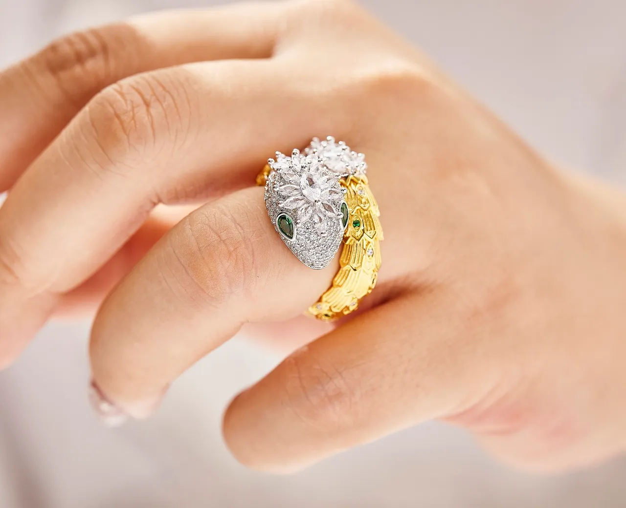 Gold Silver Sculptural Snake Motif Pavé-Set Clear Crystals Ring 3