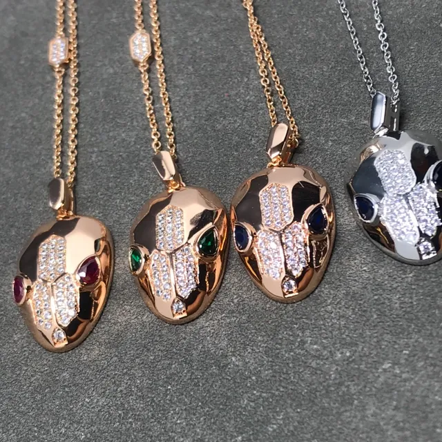Gold Silver Snake-Head Motif Pavé-Set White Stones Necklace 2
