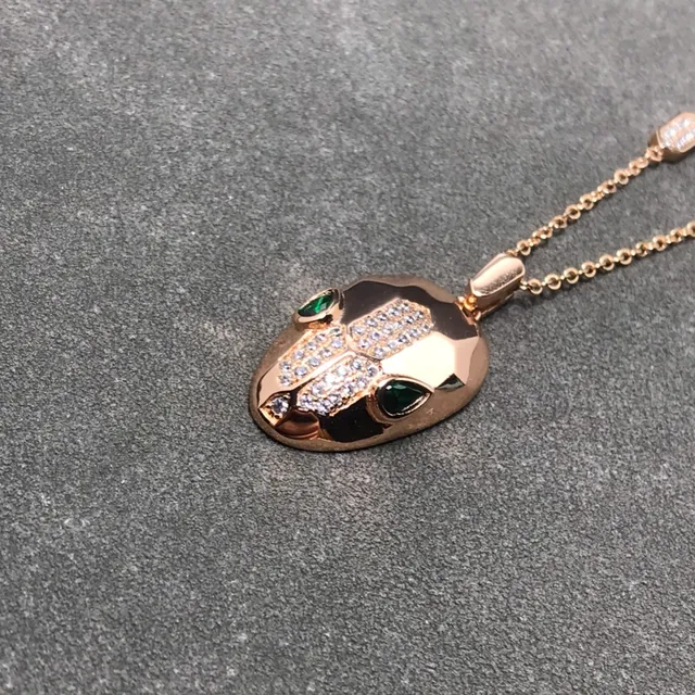Gold Silver Snake-Head Motif Pavé-Set White Stones Necklace 6