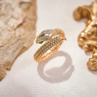 Gold Snake-Inspired Pavé Diamond and Green Gem Ring
