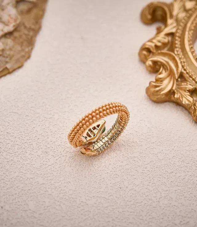 Gold Snake-Inspired Pavé Diamond and Green Gem Ring 5