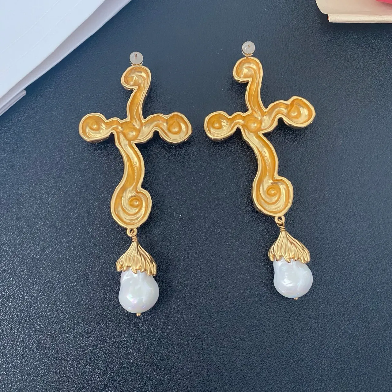 Gold-Tone Baroque Scroll Pearl Drop Earrings 3