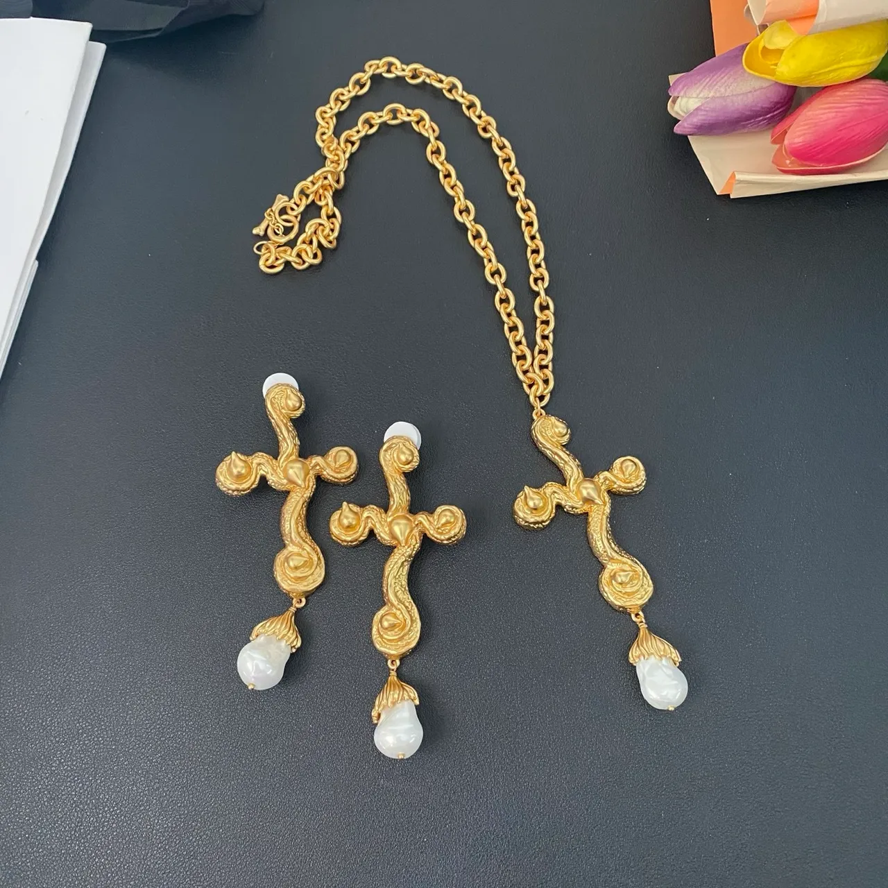 Gold-Tone Baroque Scroll Pearl Drop Earrings 4