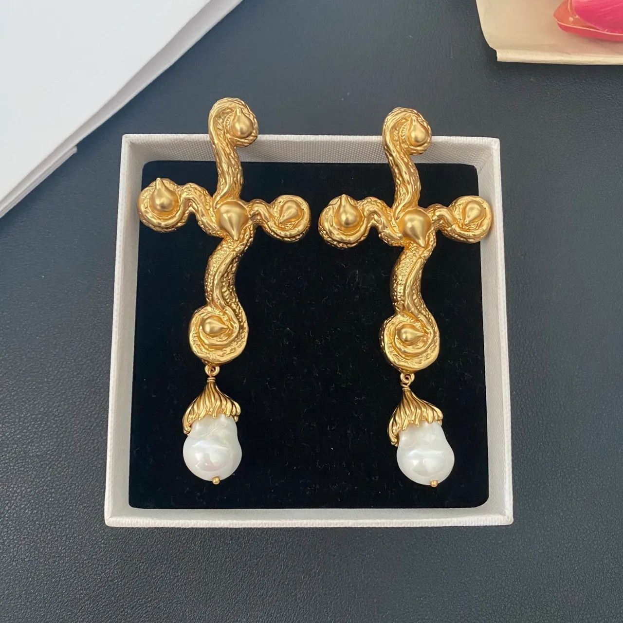 Gold-Tone Baroque Scroll Pearl Drop Earrings 6