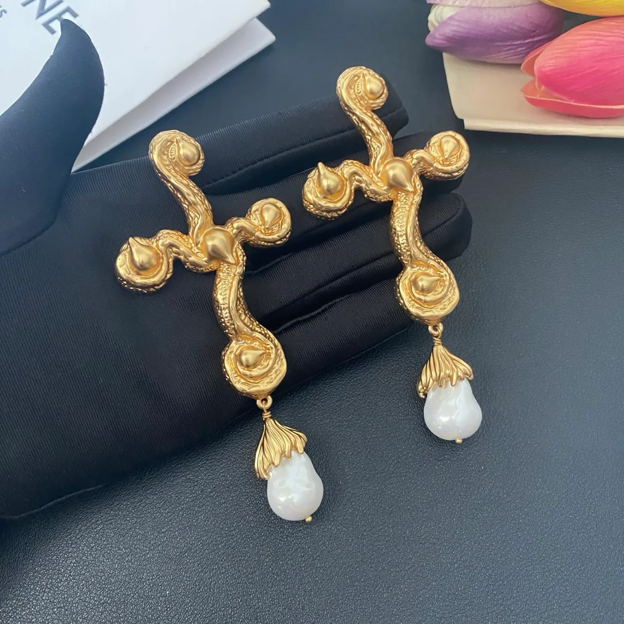 Gold-Tone Baroque Scroll Pearl Drop Earrings 7