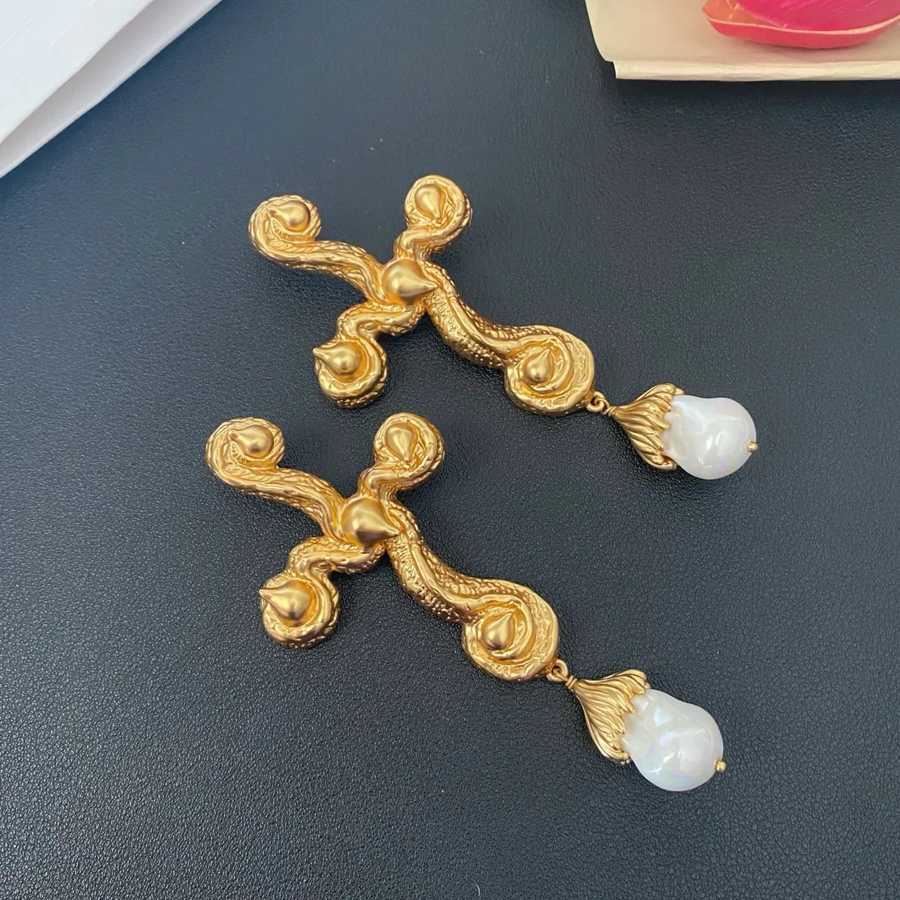 Gold-Tone Baroque Scroll Pearl Drop Earrings 8