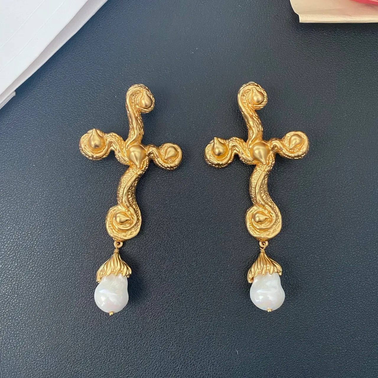 Gold-Tone Baroque Scroll Pearl Drop Earrings 9