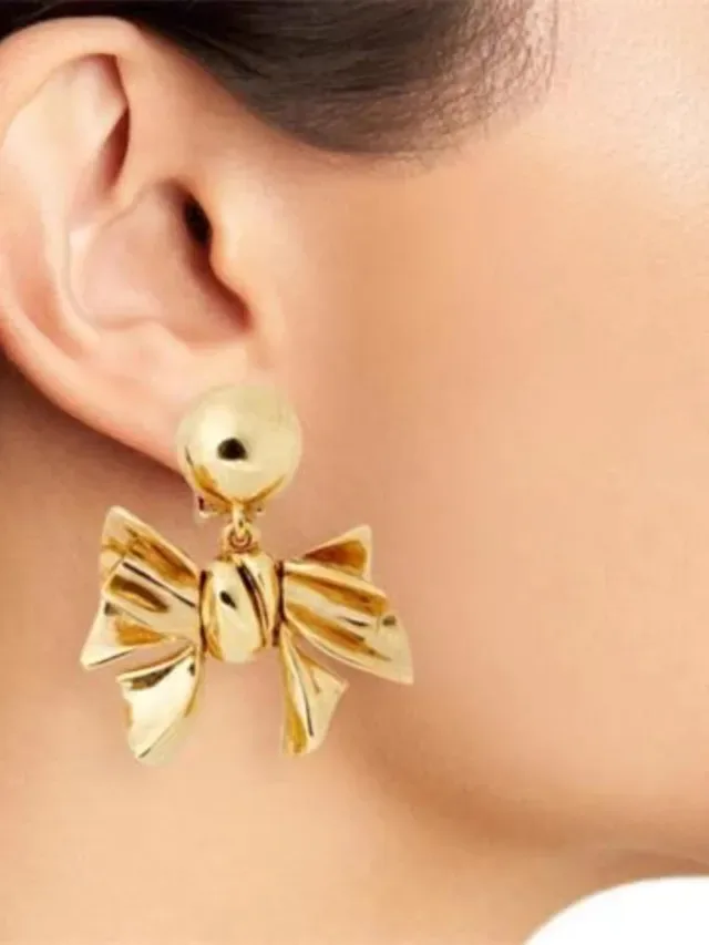 Gold-Tone Bow Motif Pearl-Accented Earrings 2