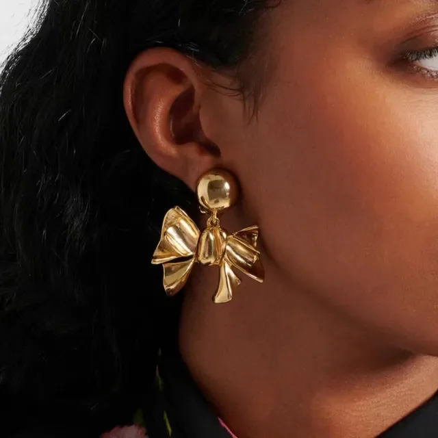 Gold-Tone Bow Motif Pearl-Accented Earrings 3
