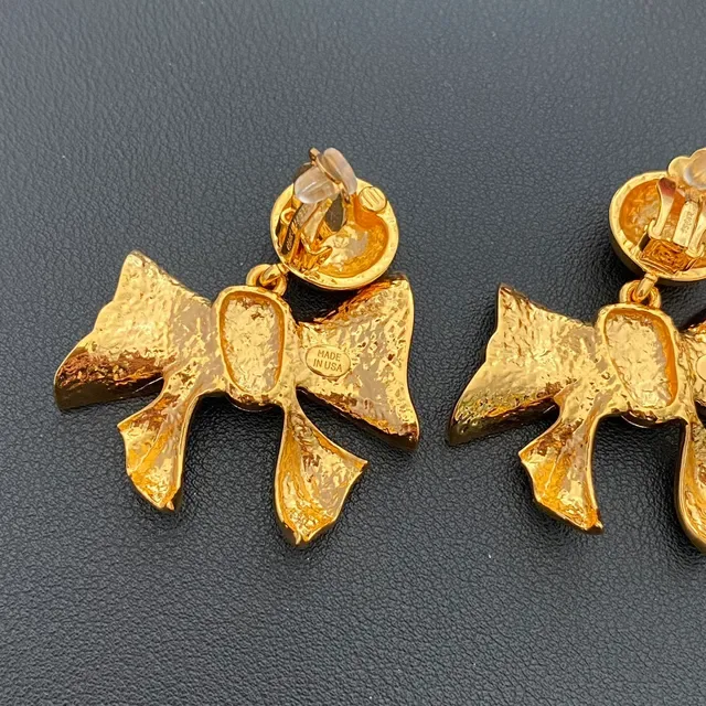 Gold-Tone Bow Motif Pearl-Accented Earrings 5