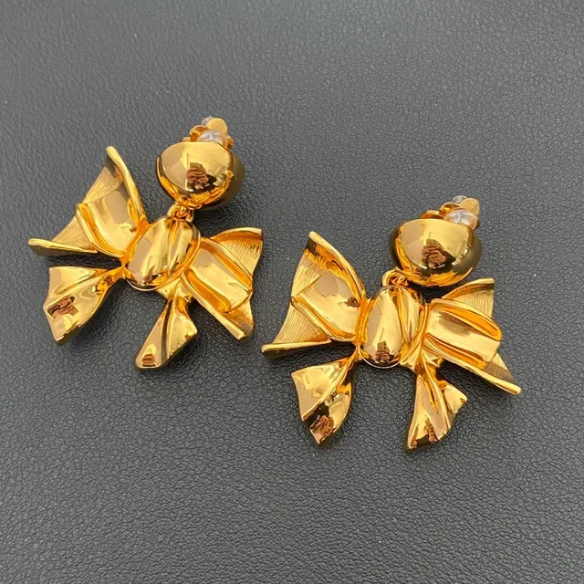 Gold-Tone Bow Motif Pearl-Accented Earrings 6