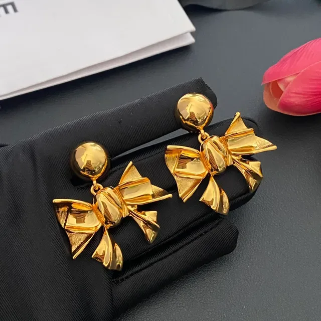Gold-Tone Bow Motif Pearl-Accented Earrings 7