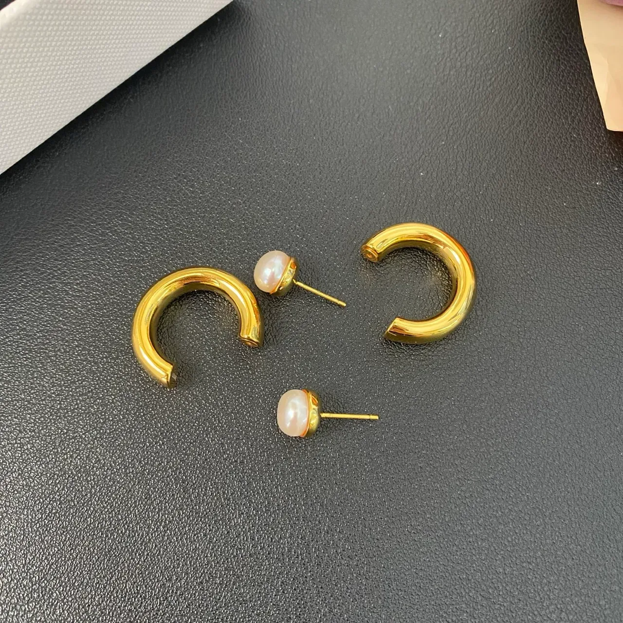Gold-Tone C-Hoop Pearl-Stud Earrings 4