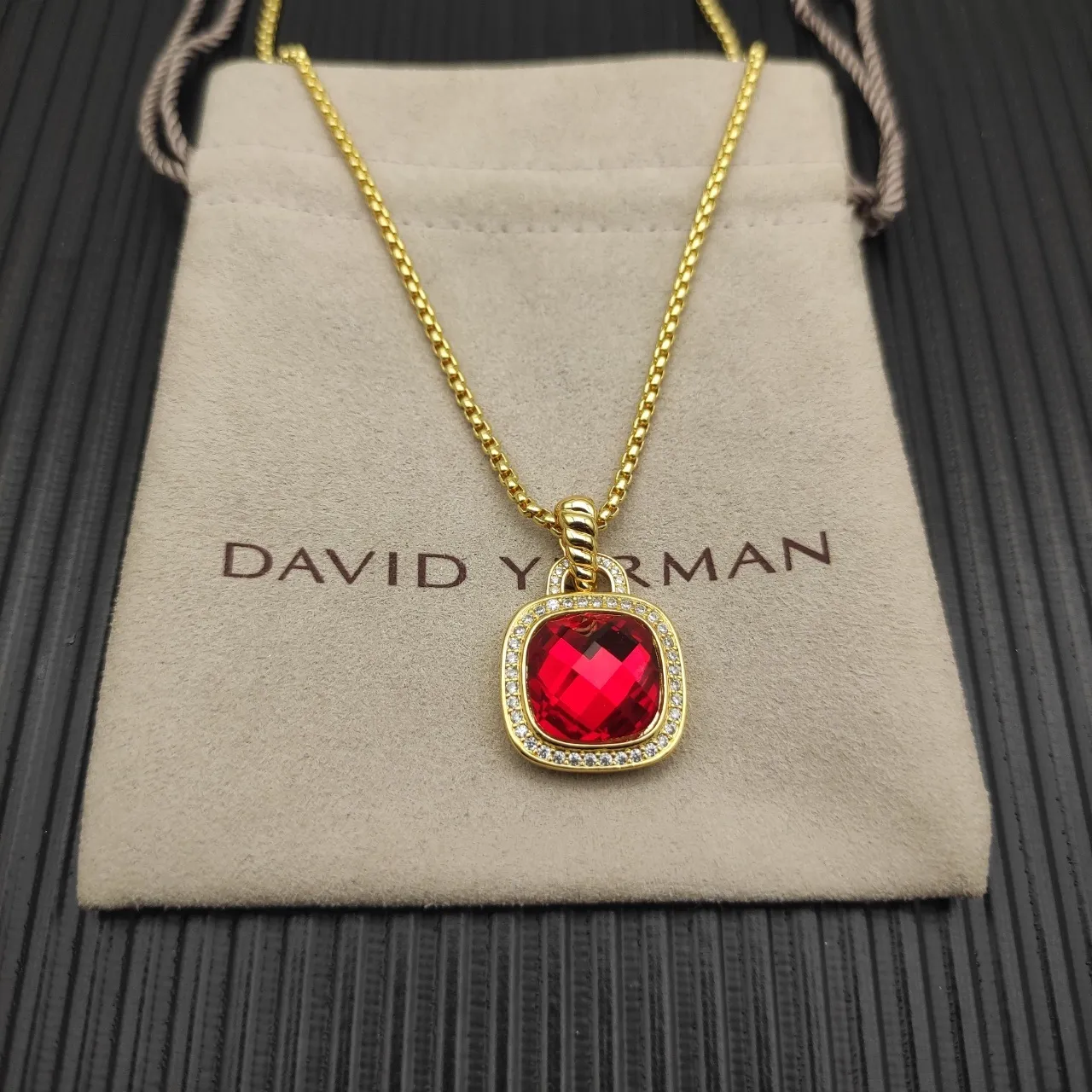 Gold-Tone Cushion-Cut Red Gemstone Pavé Pendant Necklace 5