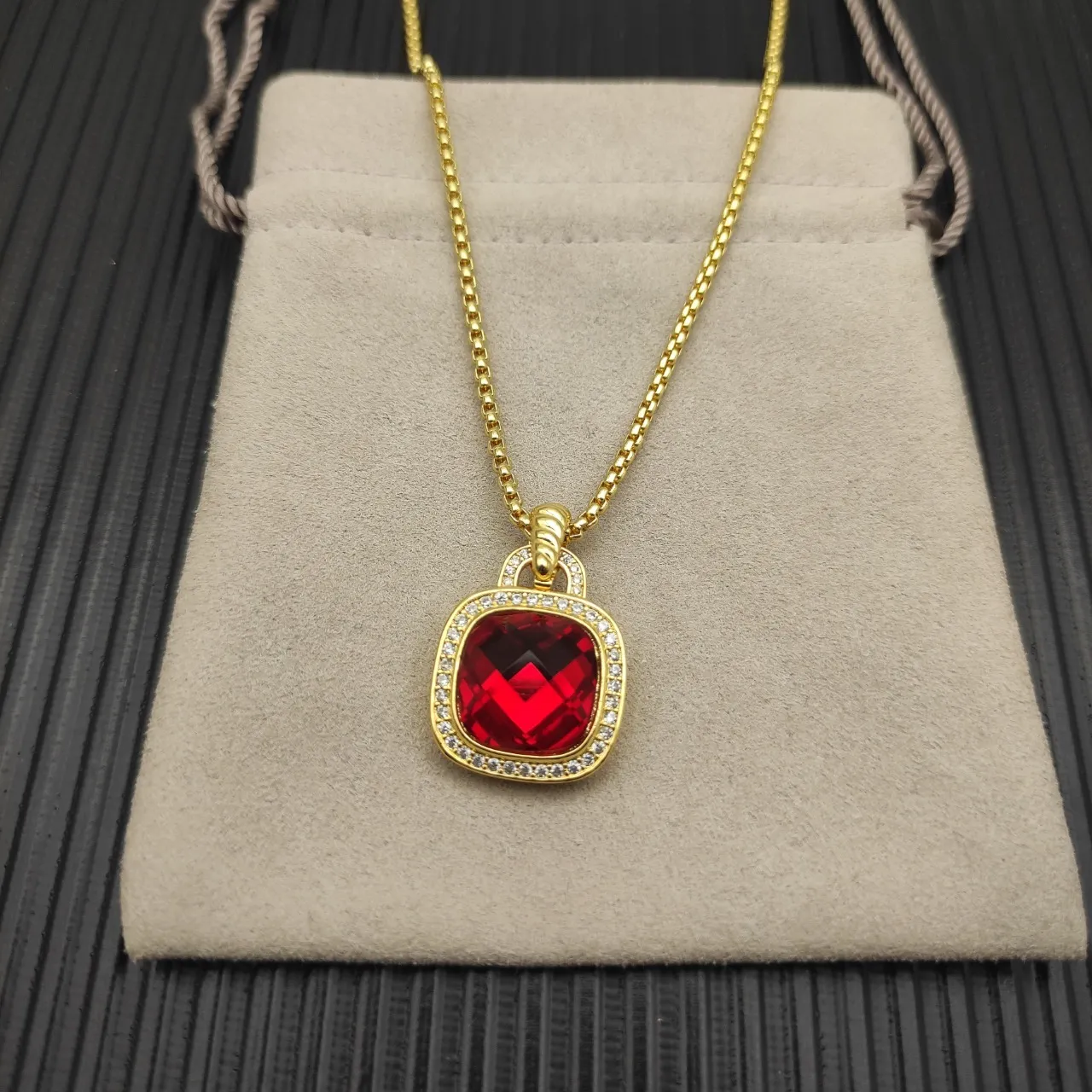 Gold-Tone Cushion-Cut Red Gemstone Pavé Pendant Necklace 6