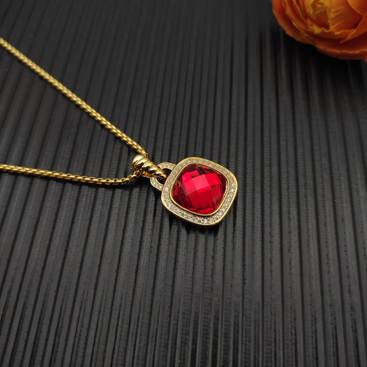 Gold-Tone Cushion-Cut Red Gemstone Pavé Pendant Necklace 7