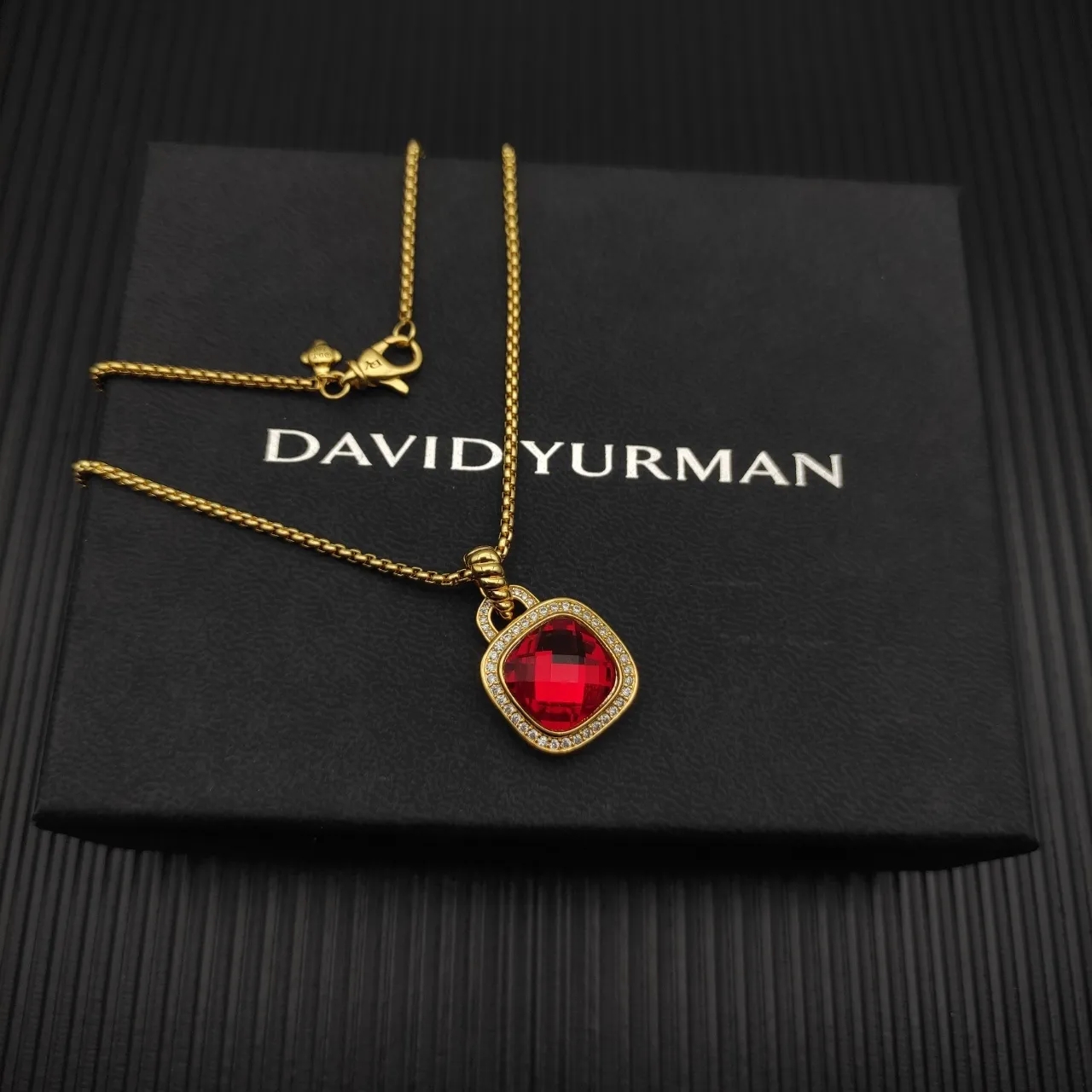 Gold-Tone Cushion-Cut Red Gemstone Pavé Pendant Necklace 9