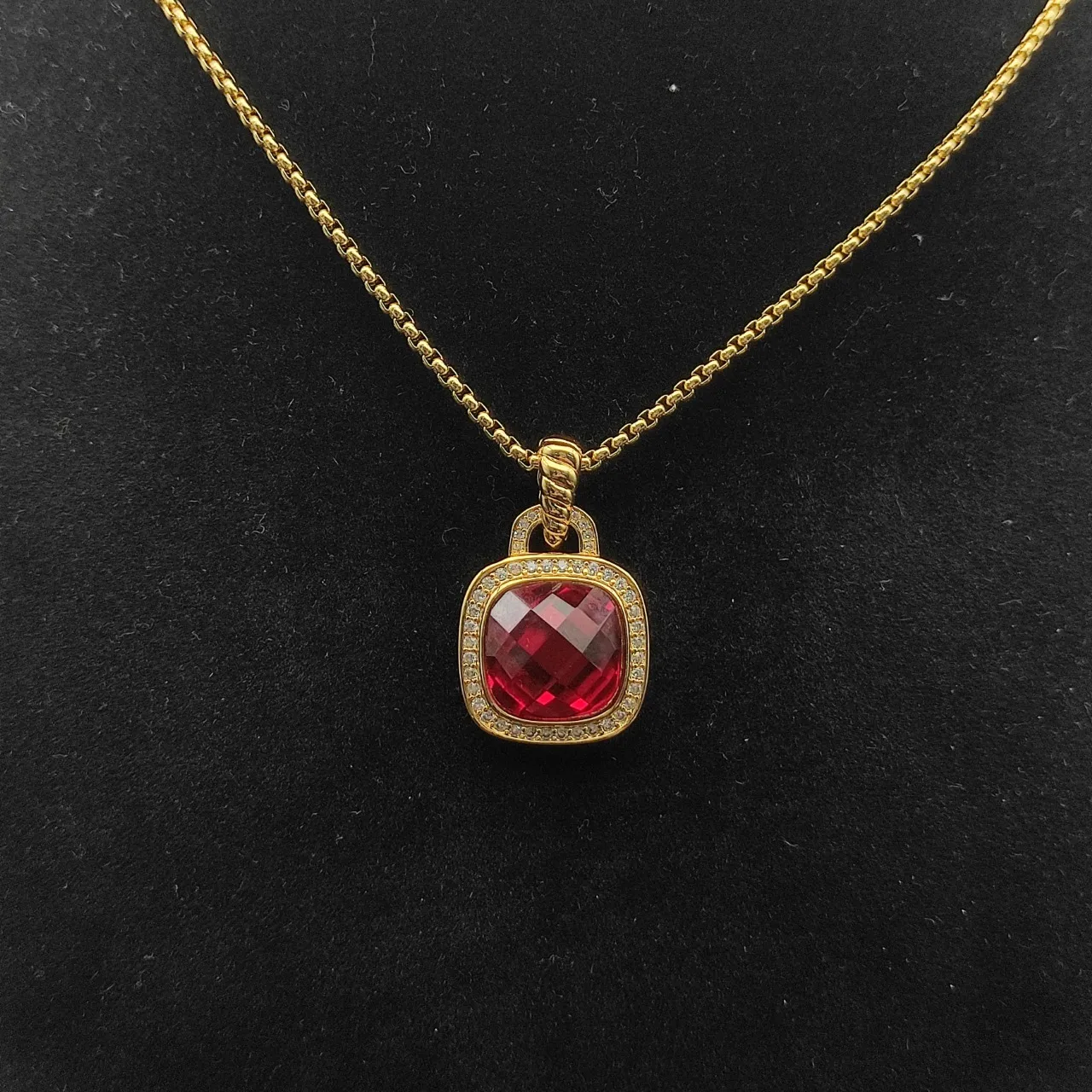 Gold-Tone Cushion-Cut Red Gemstone Pavé Pendant Necklace 10